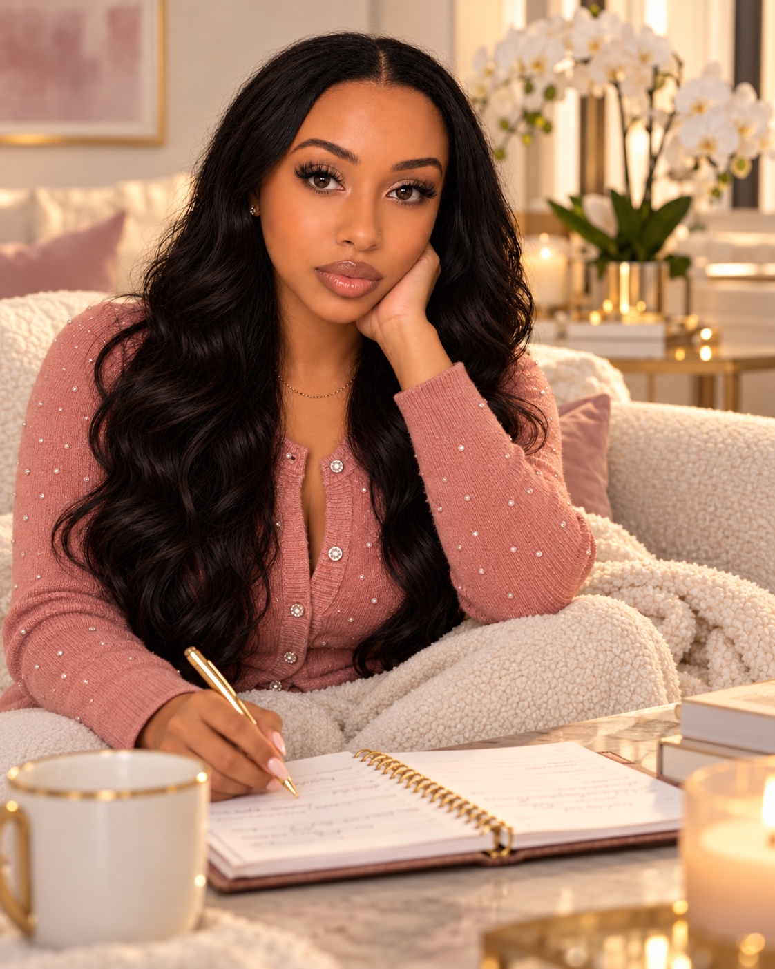 Jasmine in a blush cardigan, writing in a journal beside white orchids.
